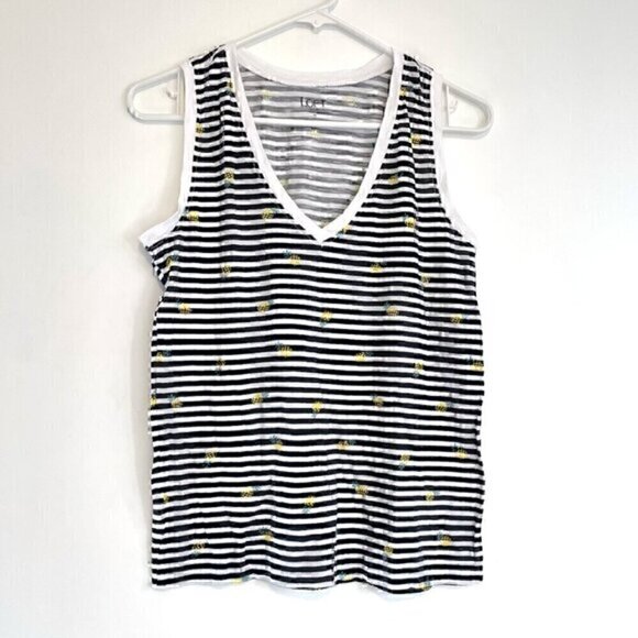 ANN TAYLOR LOFT White Black Stripe Pineapple Fruit V-Neck 100% Cotton Tank Top - Picture 1 of 12